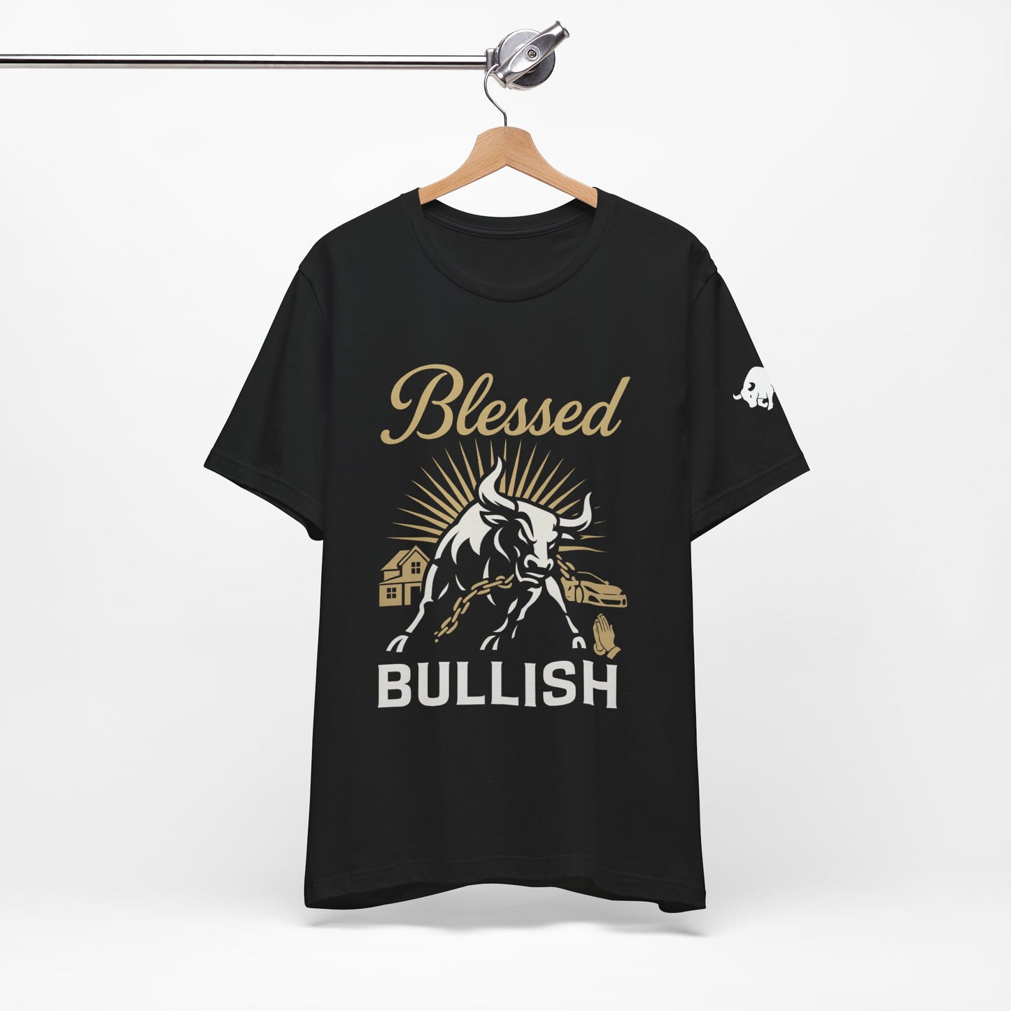 Luxury Crypto Tee - Blessed and Bullish Gold Bull Faith & Finance Design by TheBullThread