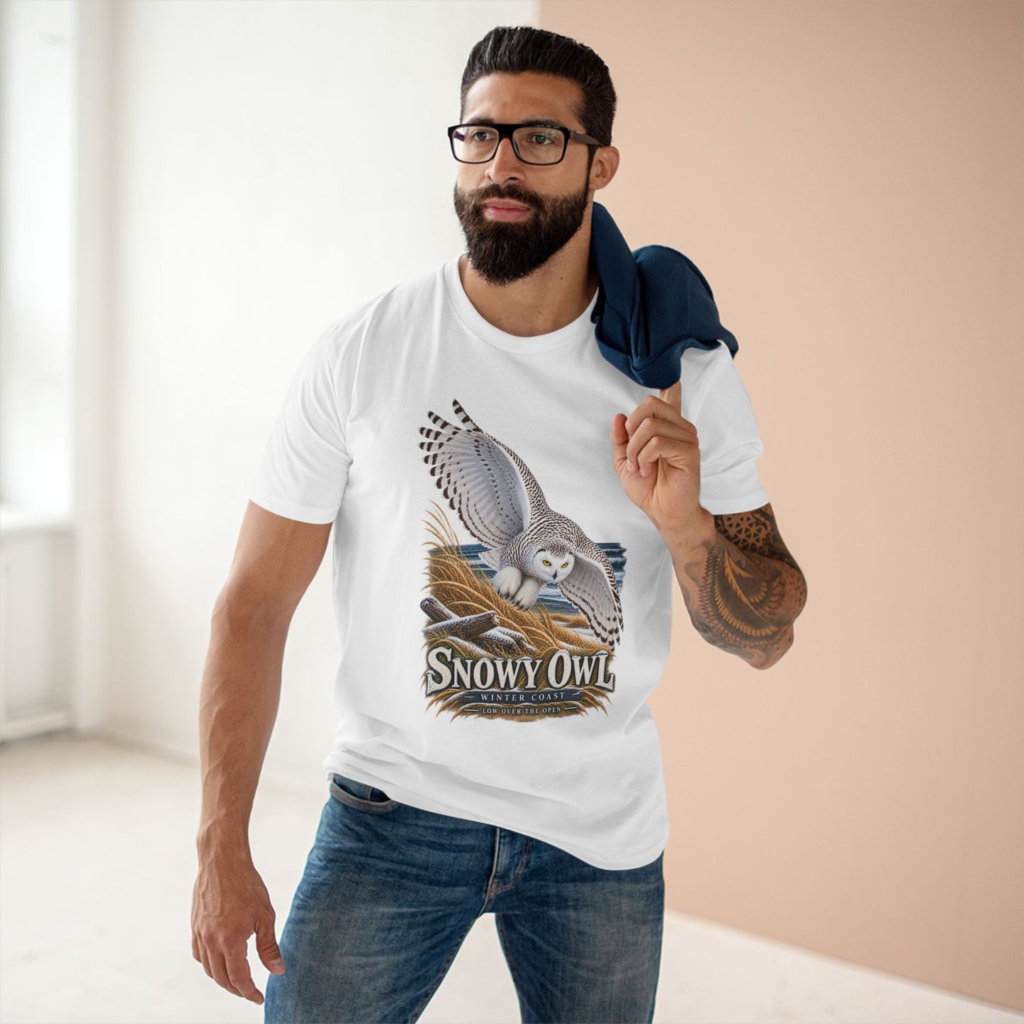 Snowy Owl Birding T-Shirt - Winter Coast Wildlife Graphic Tee, Bubo scandiacus.