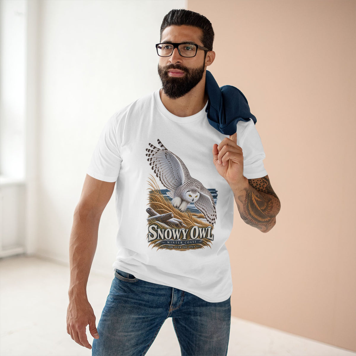 Snowy Owl Birding T-Shirt - Winter Coast Wildlife Graphic Tee, Bubo scandiacus.