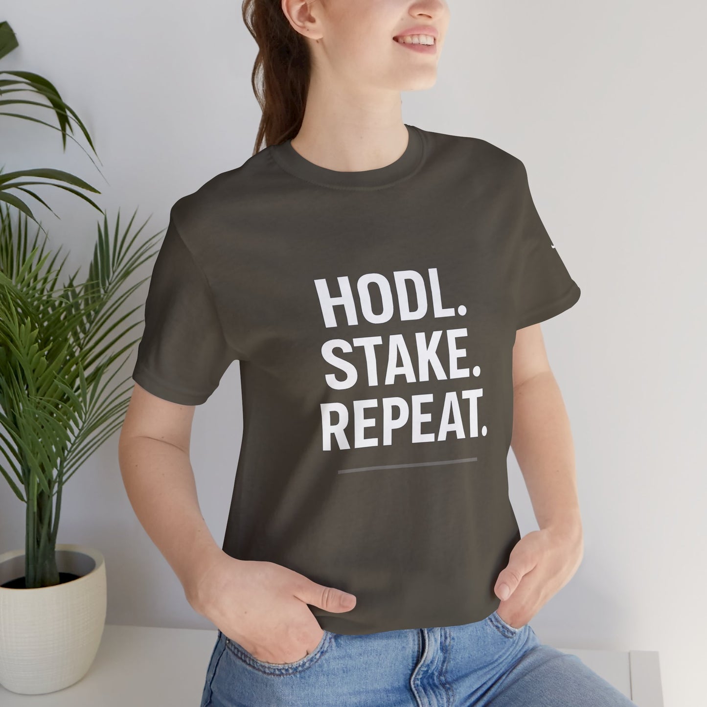 Premium Crypto Tee – HODL Stake Repeat Minimalist Streetwear by TheBullThread