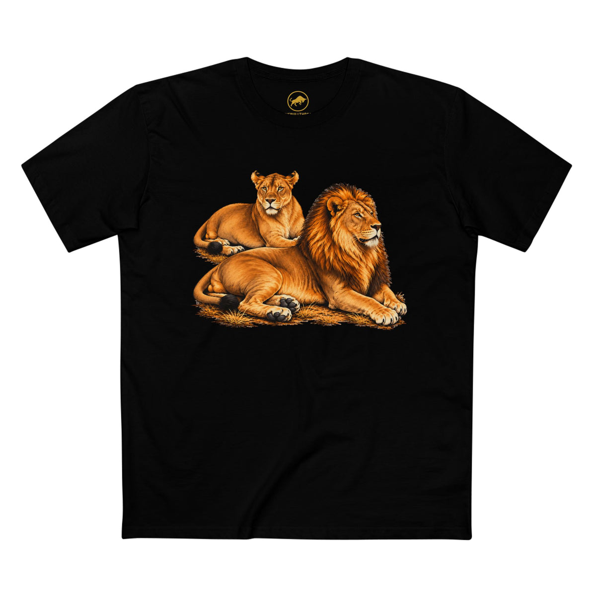 Lion and Lioness Shirt, Golden African Wildlife Graphic Tee in Black.