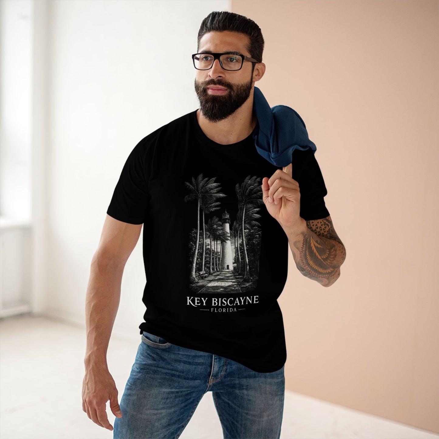 Key Biscayne Florida Luxury Lighthouse Shirt, AS Colour 5001 Premium Tee, Cape Florida Coastal Graphic, Minimalist Beach Palm Design.