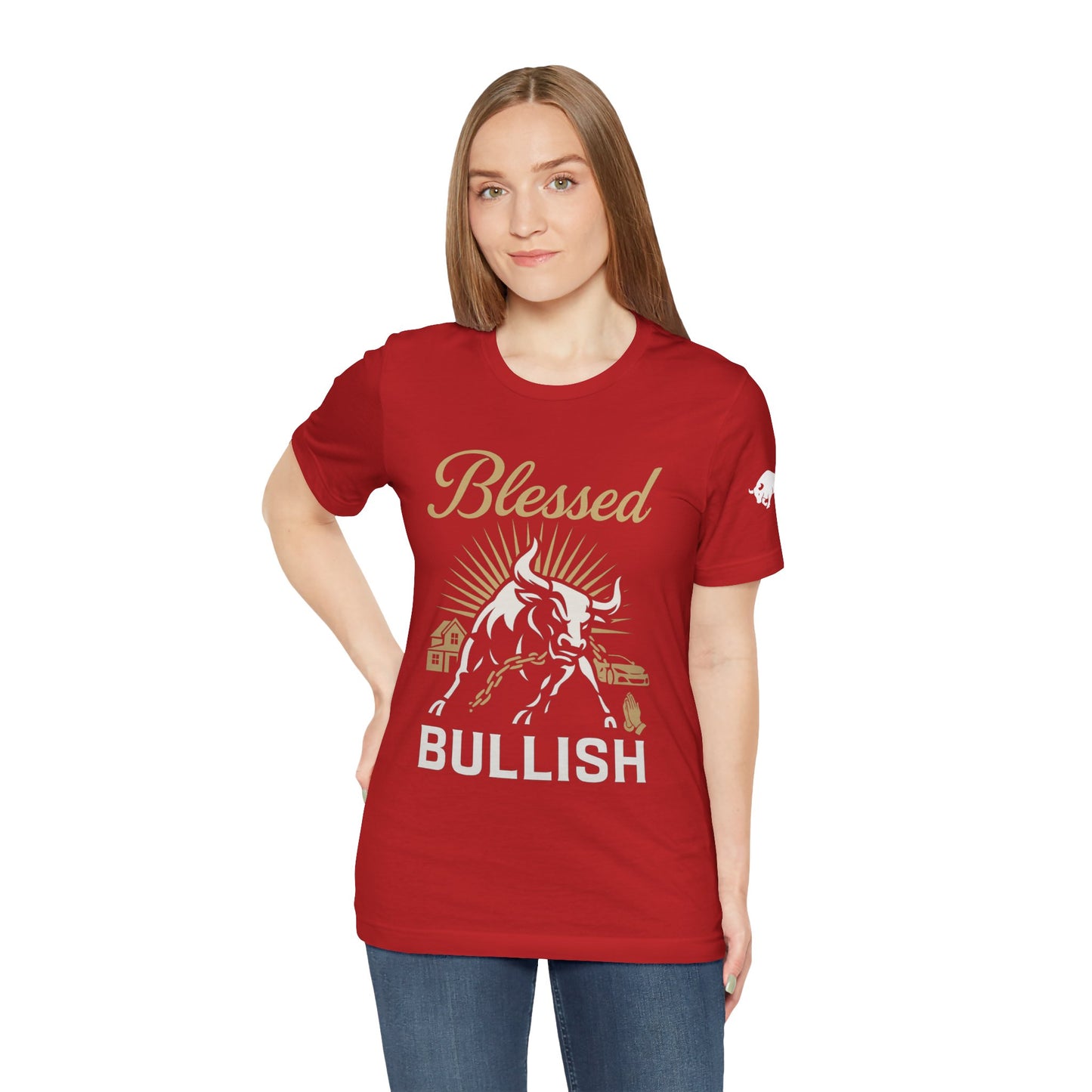 Luxury Crypto Tee - Blessed and Bullish Gold Bull Faith & Finance Design by TheBullThread
