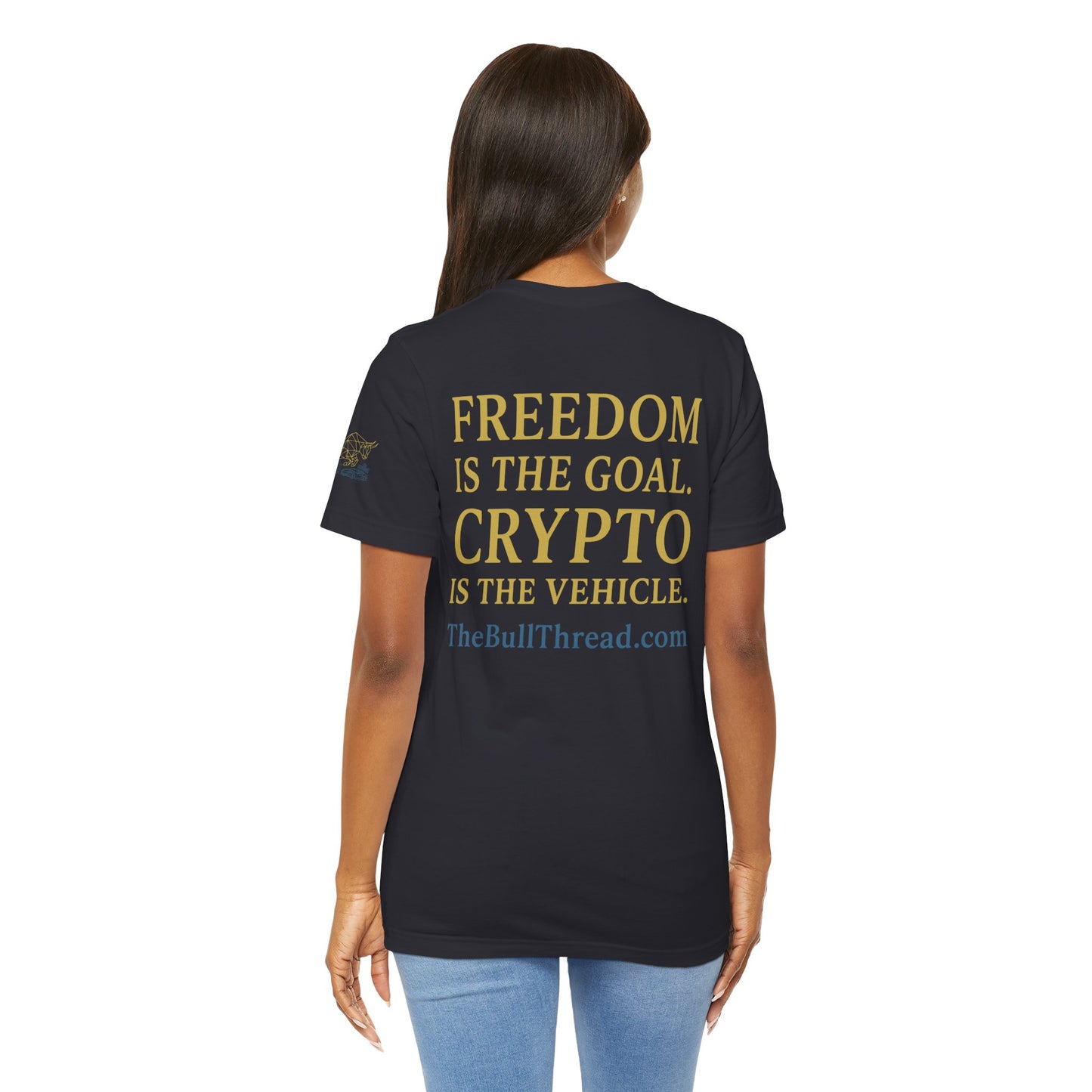 Premium Crypto T-Shirt - Bullish Freedom Gold & Blue Bull Print by TheBullThread