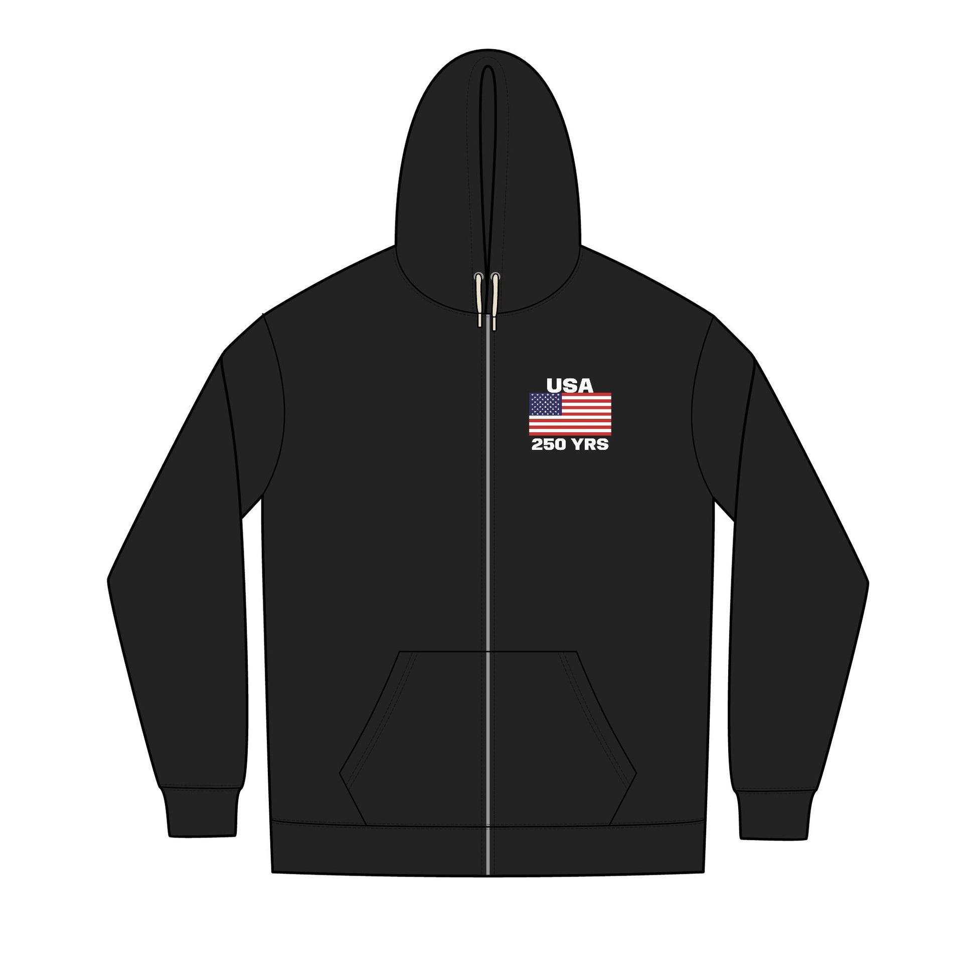 USA 250 YRS Embroidered Full Zip Hoodie, Patriotic Flag Zip Up Jacket, 4th of July Black Hoodie, America 250 Year Hoodie.