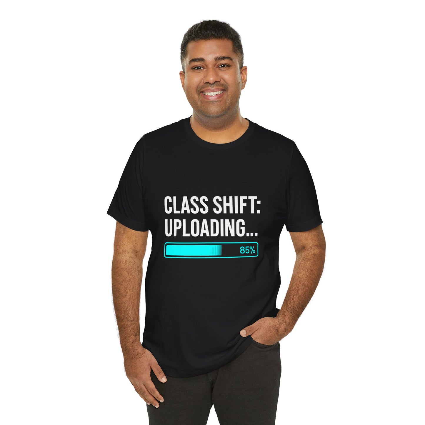 Premium Crypto Investor Shirt – “Class Shift: Uploading…” Neon Progress Bar Design by TheBullThread