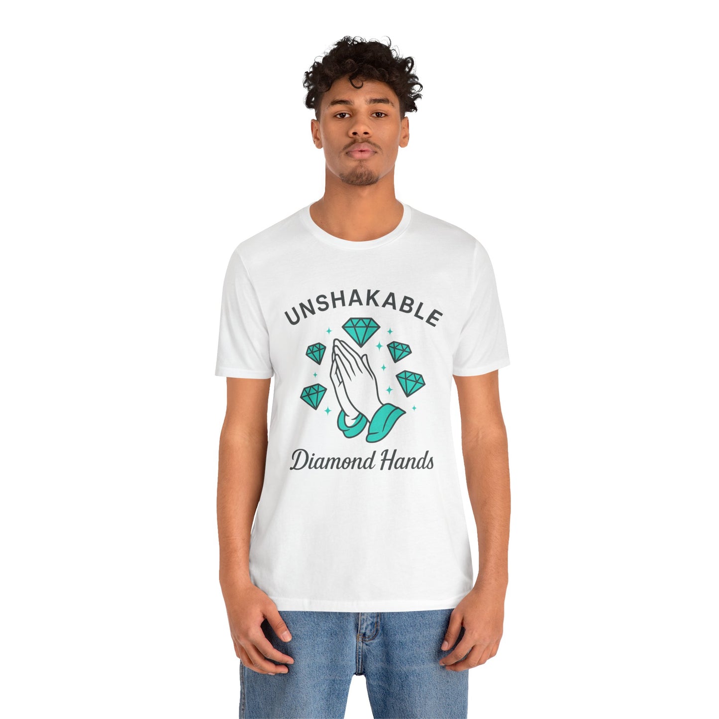 Premium Crypto Graphic Tee – Diamond Hands Praying Turquoise Design for HODLers by TheBullThread
