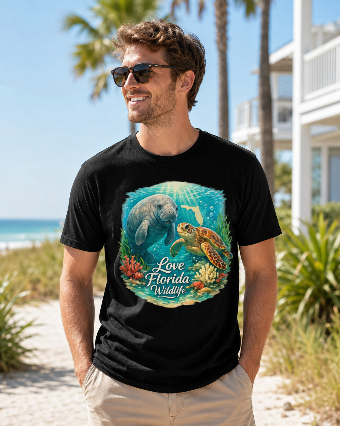 Love Florida Wildlife Shirt, Manatee and Sea Turtle Tee, Florida Coastal Graphic T-Shirt, Premium AS Colour 5001 Nature Gift