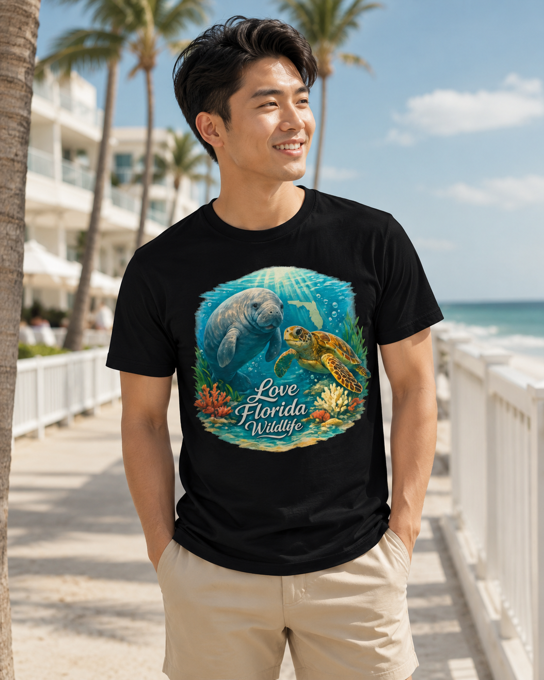 Love Florida Wildlife Shirt, Manatee and Sea Turtle Tee, Florida Coastal Graphic T-Shirt, Premium AS Colour 5001 Nature Gift