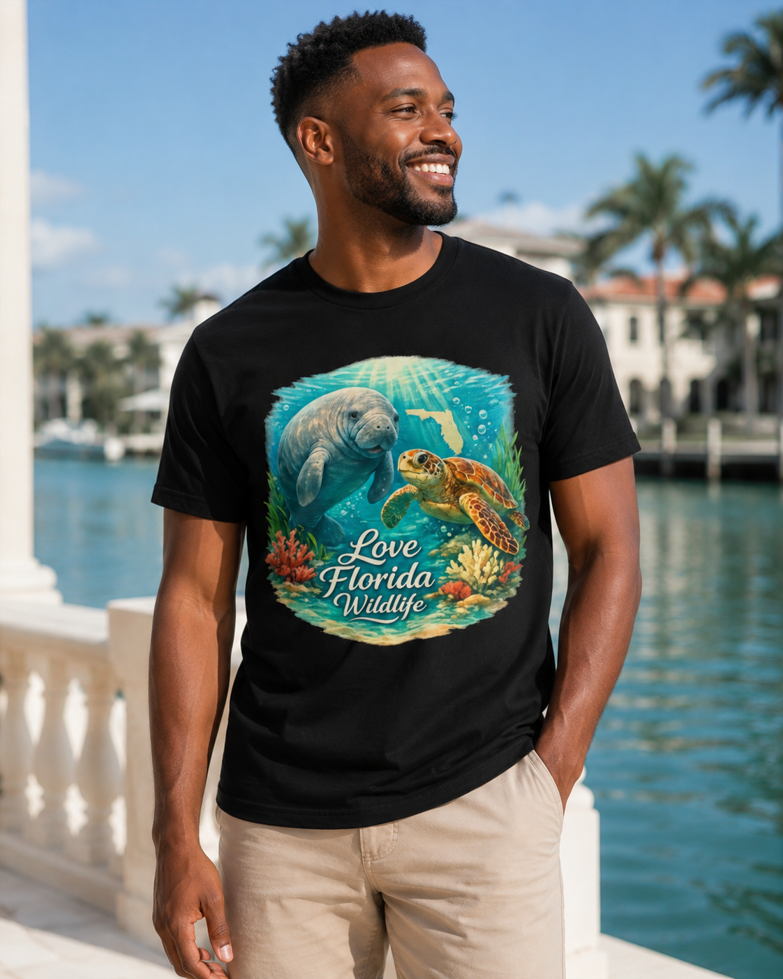 Love Florida Wildlife Shirt, Manatee and Sea Turtle Tee, Florida Coastal Graphic T-Shirt, Premium AS Colour 5001 Nature Gift